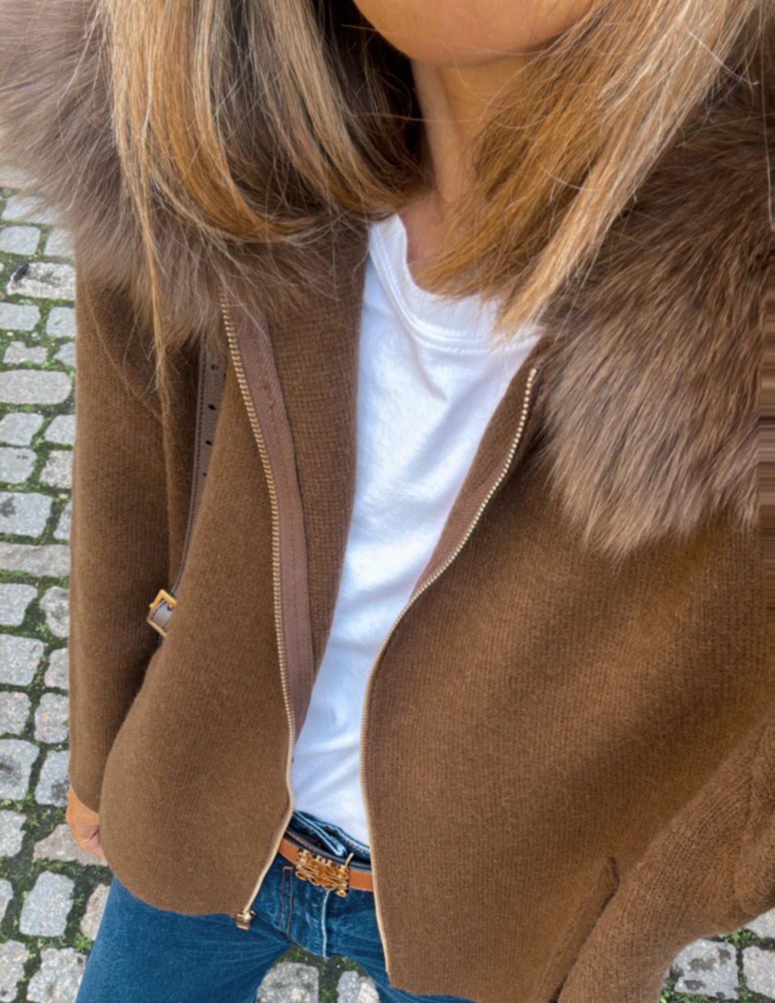 Chocolate brown jacket with fur collar JOY