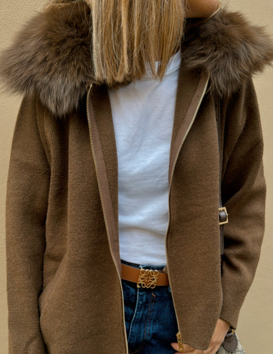 Chocolate brown jacket with fur collar JOY