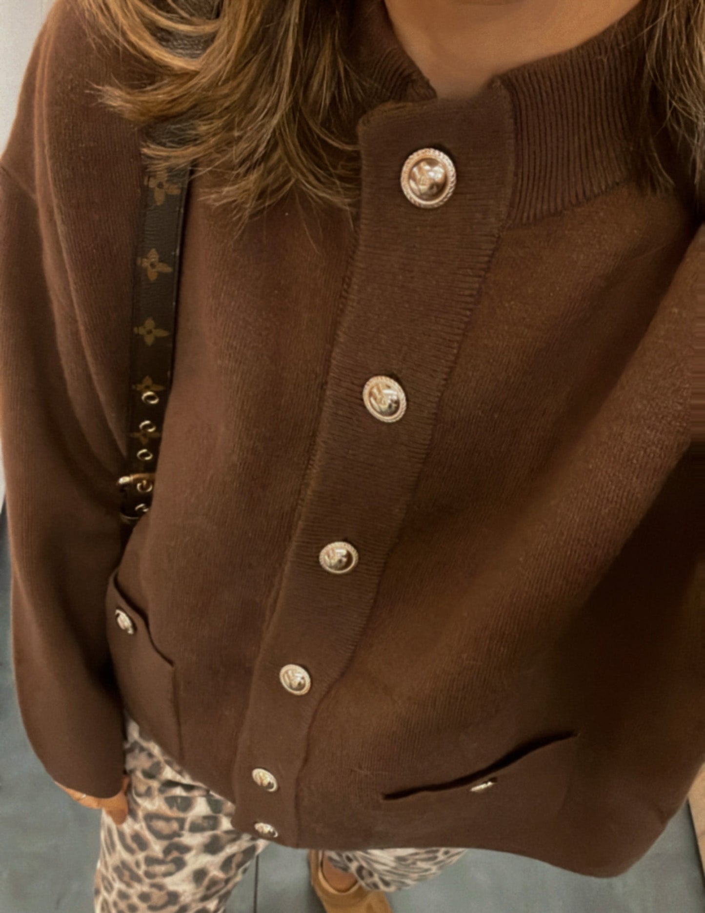 Chocolate brown cardigan with golden buttons JOY