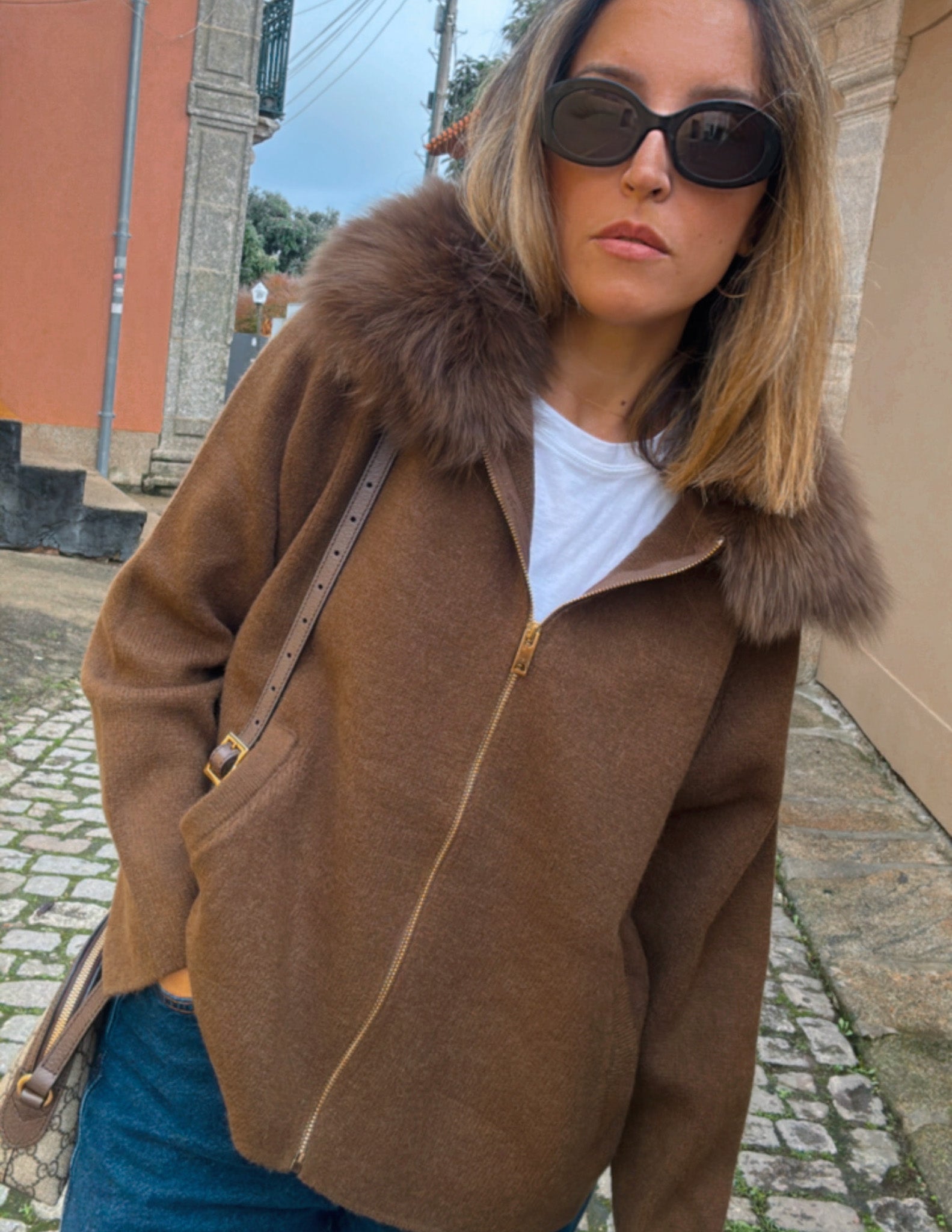 Chocolate brown jacket with fur collar JOY