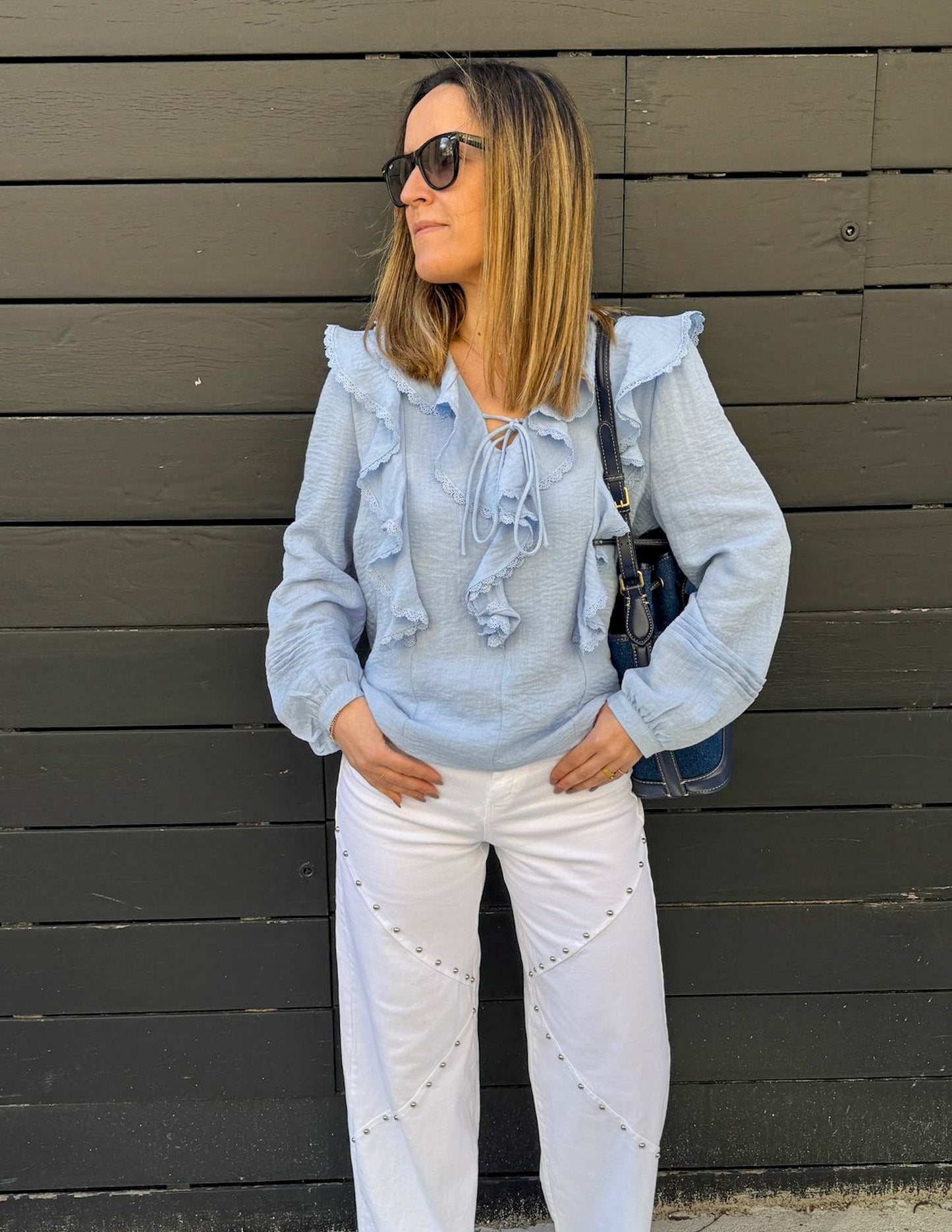 Selena blue sky ruffled blouse JOY