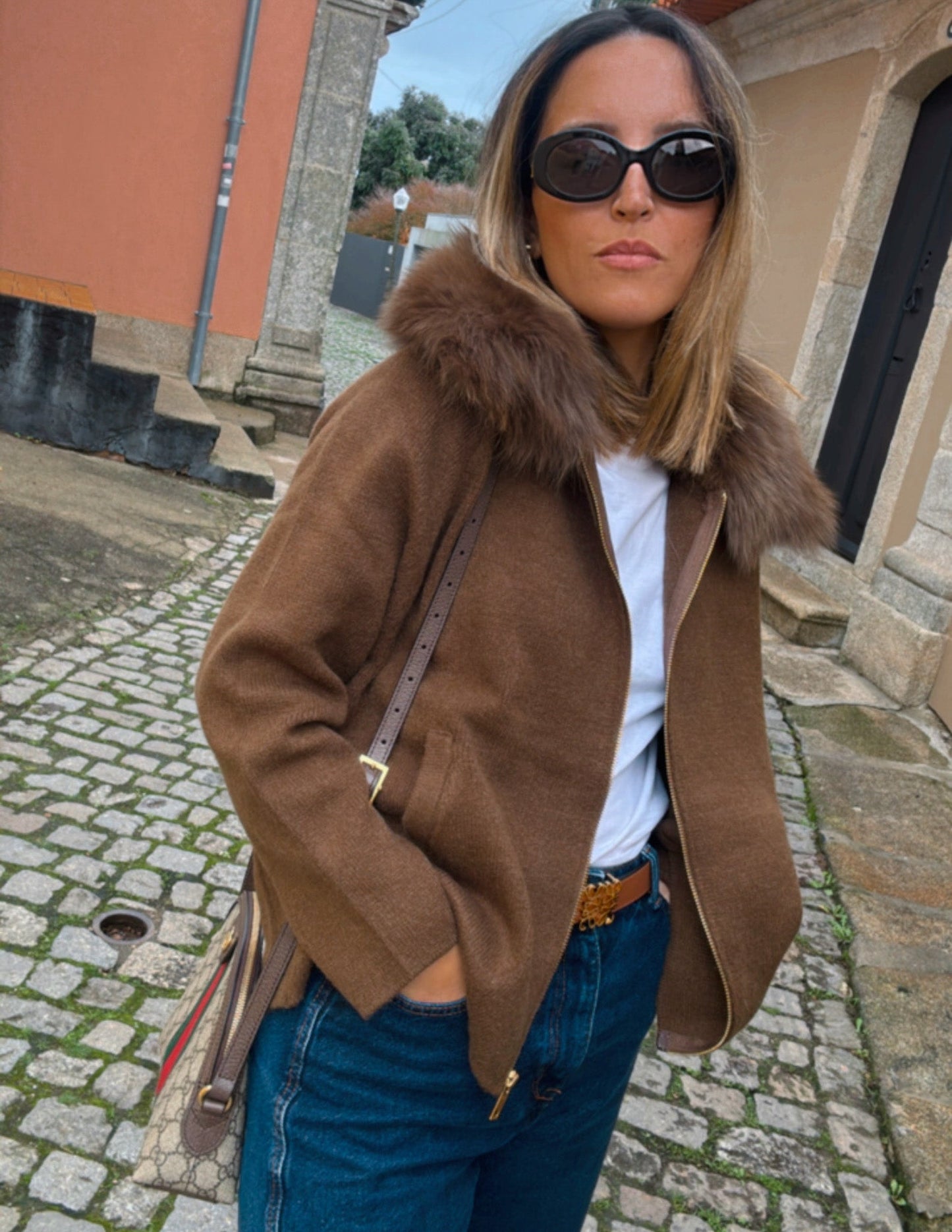 Chocolate brown jacket with fur collar JOY