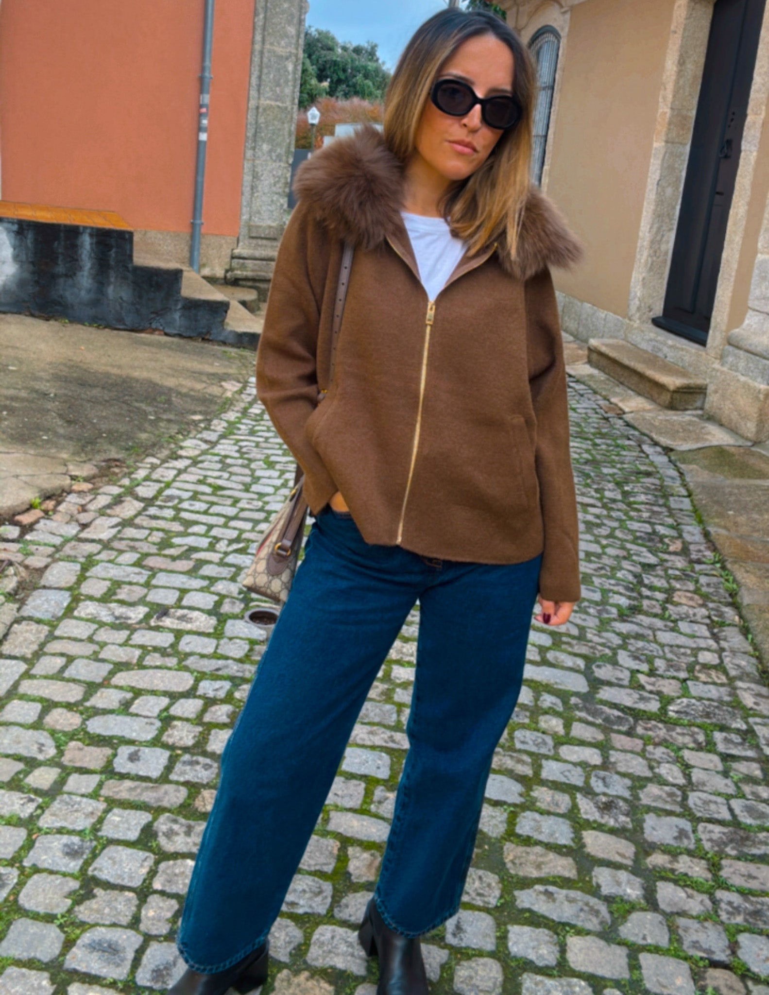 Chocolate brown jacket with fur collar JOY