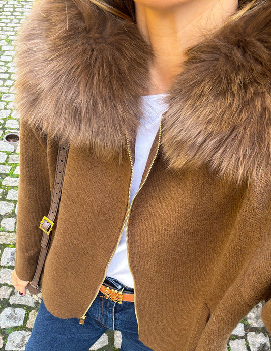 Chocolate brown jacket with fur collar JOY