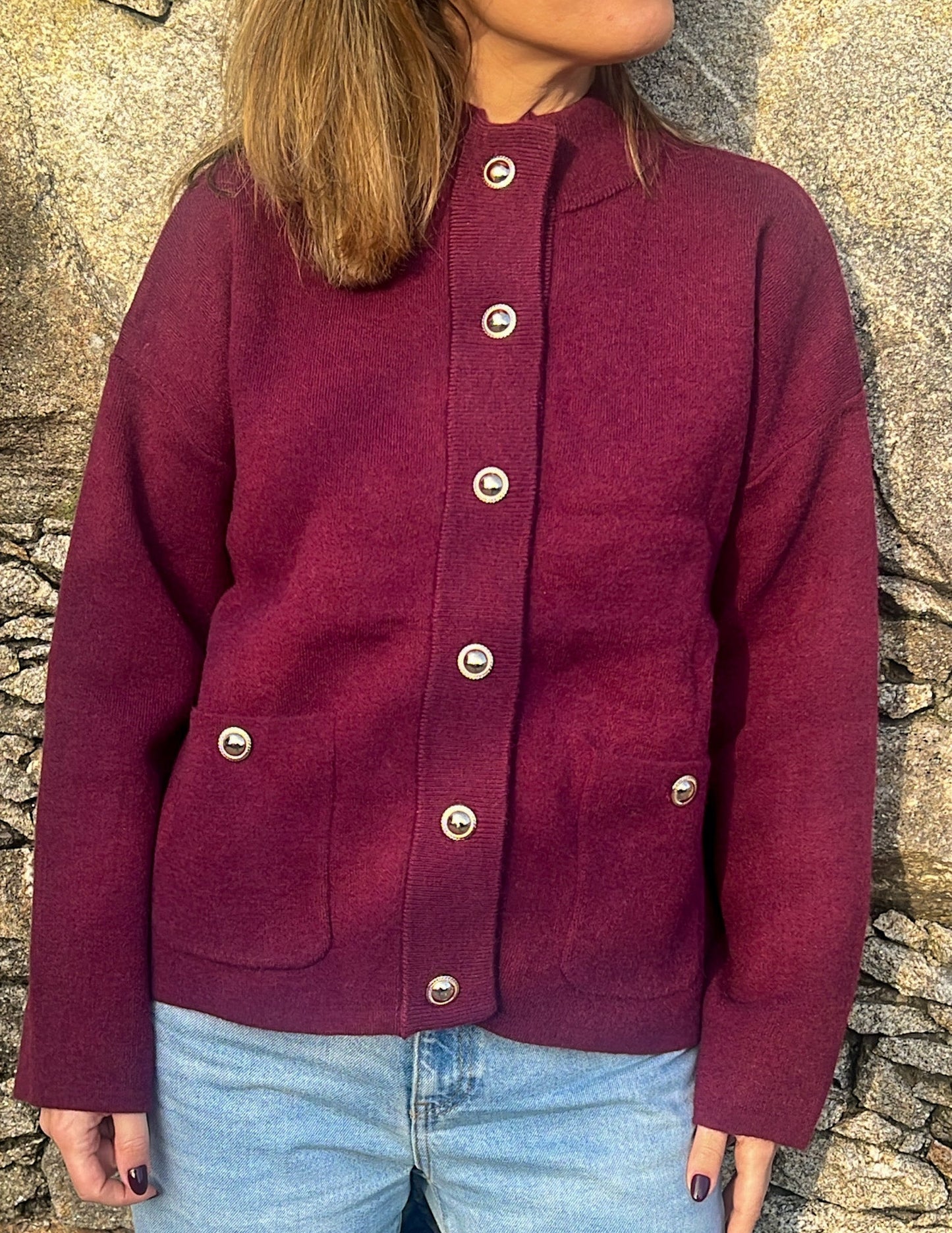 Burgundy cardigan with golden buttons JOY