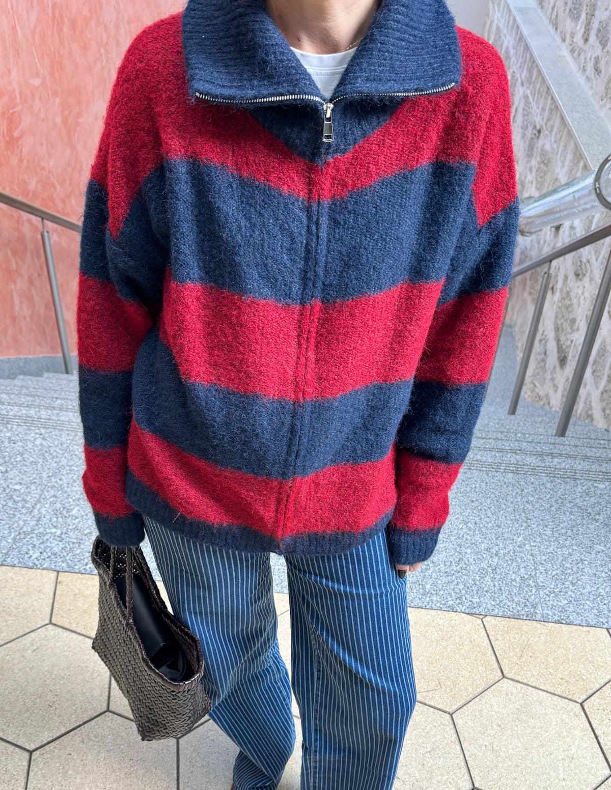 Red and navy knitted jacket