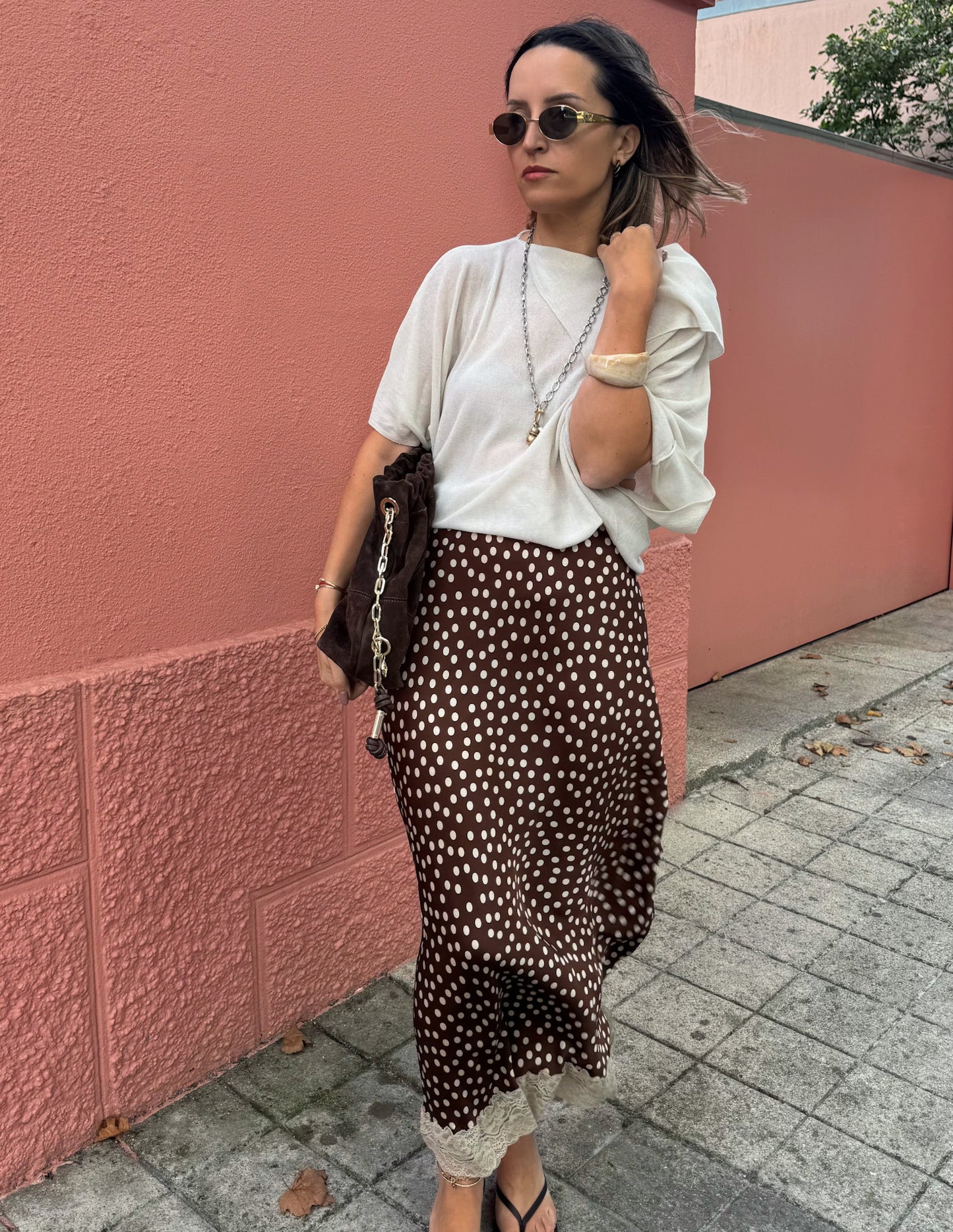 Saia polka dot castanha com renda - Envios a 19/09
