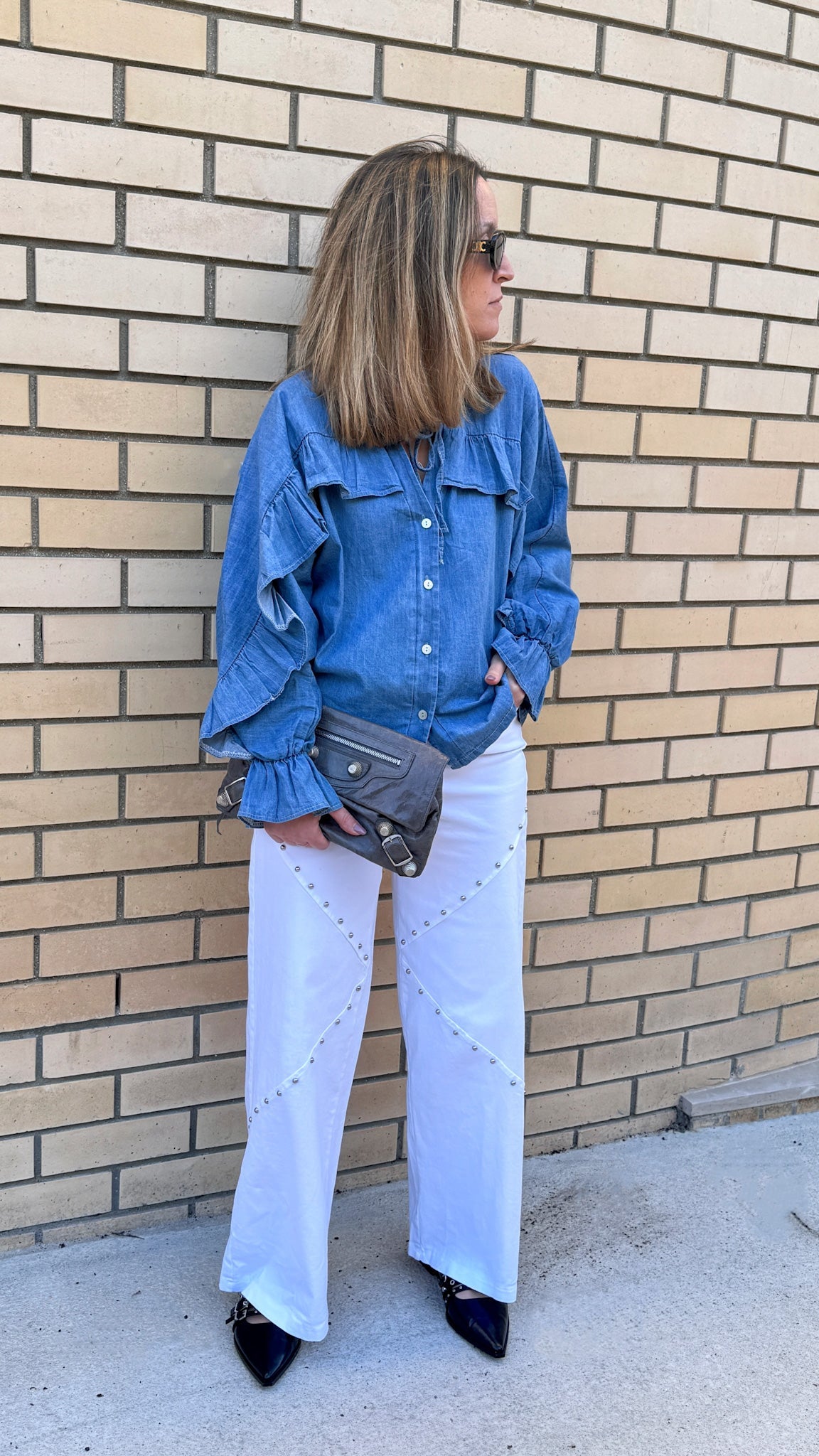 White wide leg studded pants JOY