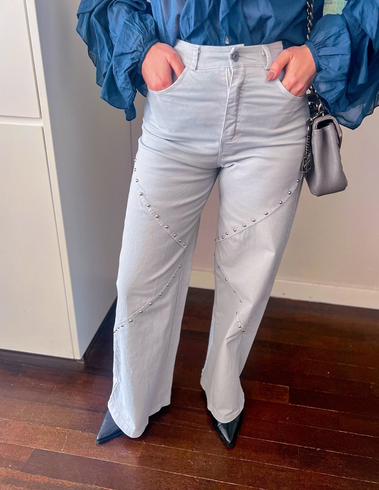 Light grey wide leg studded pants JOY