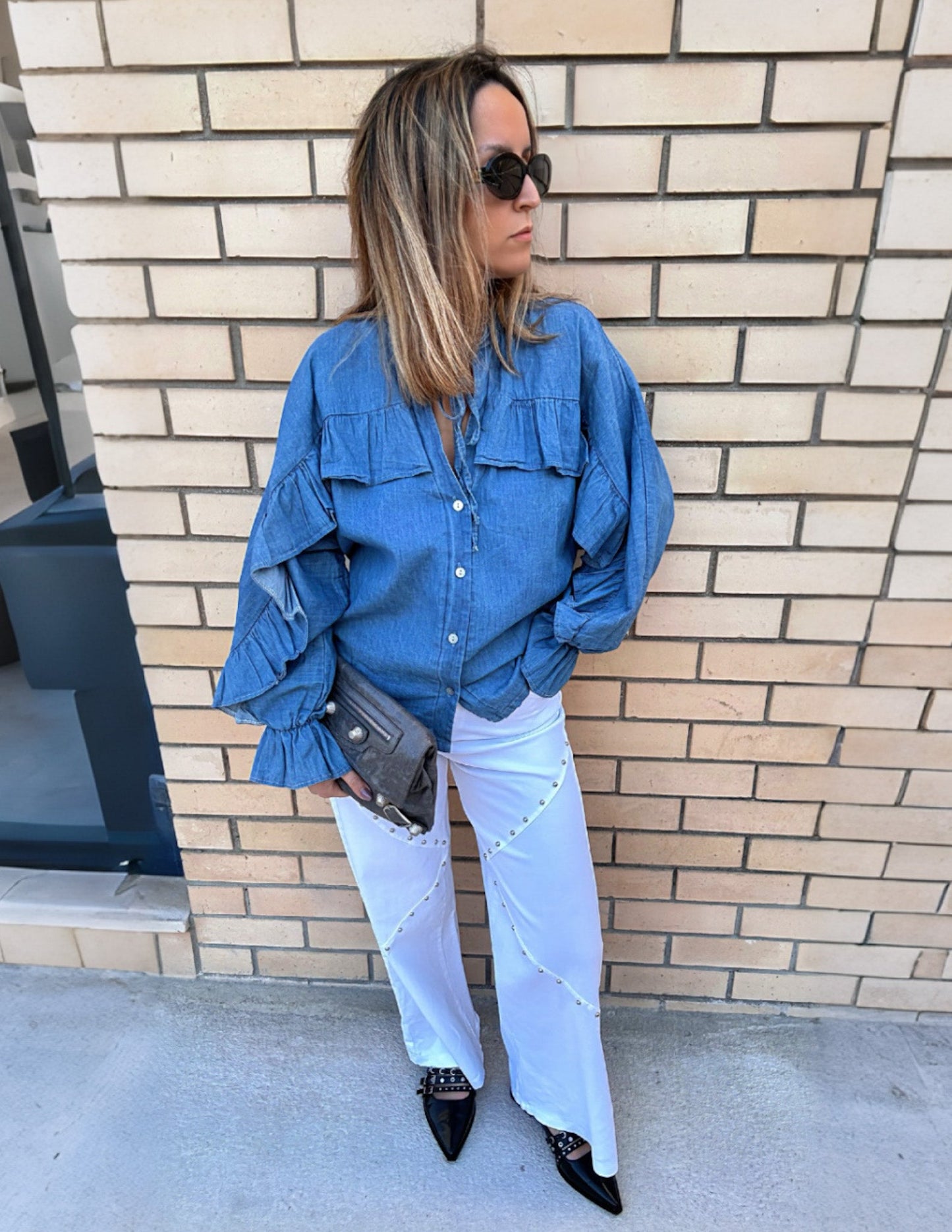 White wide leg studded pants JOY