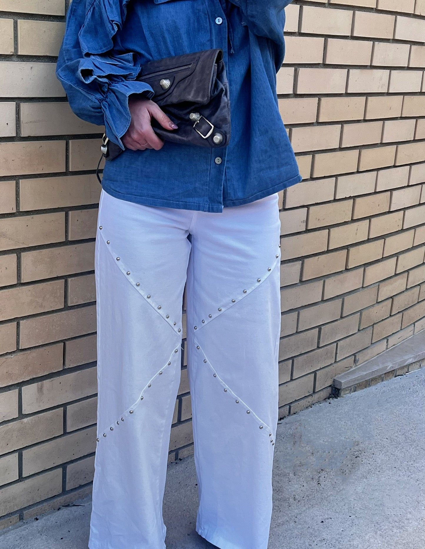 White wide leg studded pants JOY