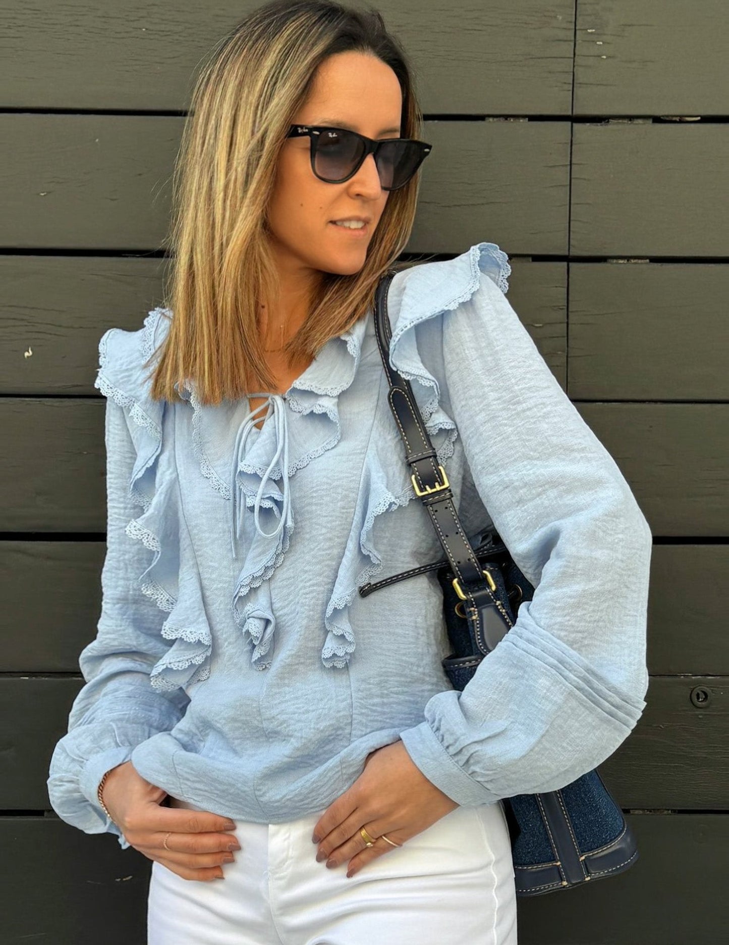 Selena blue sky ruffled blouse JOY