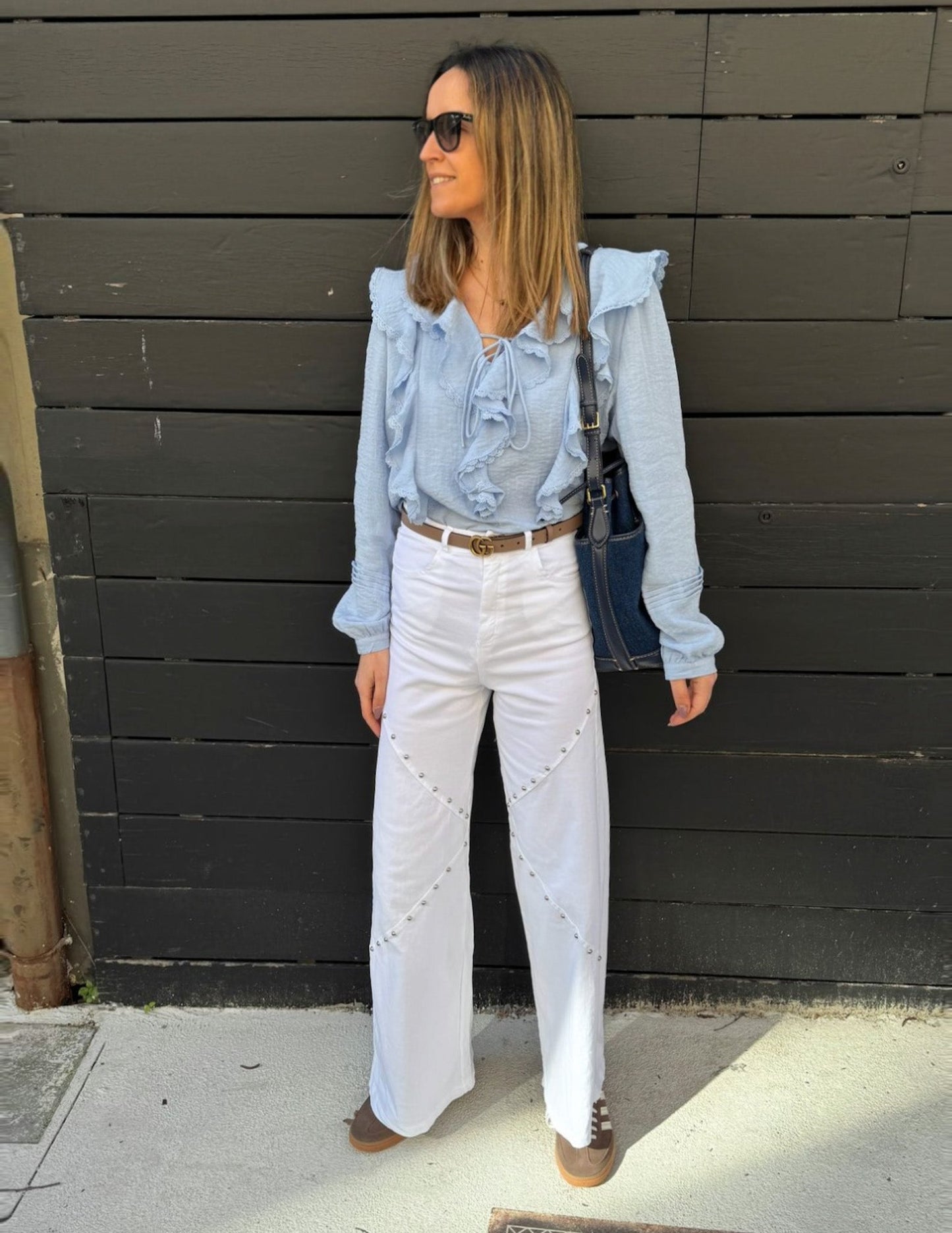 Selena blue sky ruffled blouse JOY