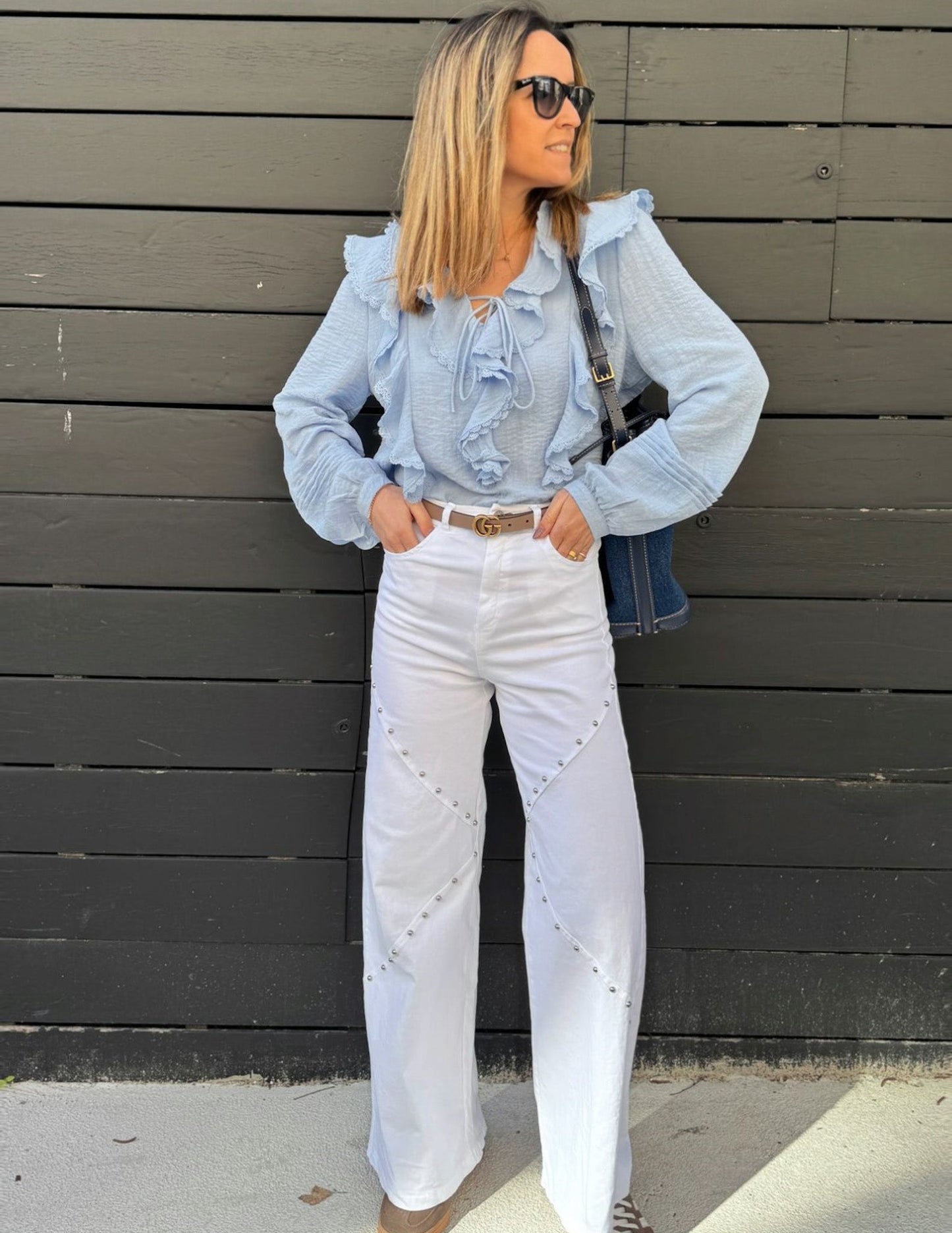 Selena blue sky ruffled blouse JOY