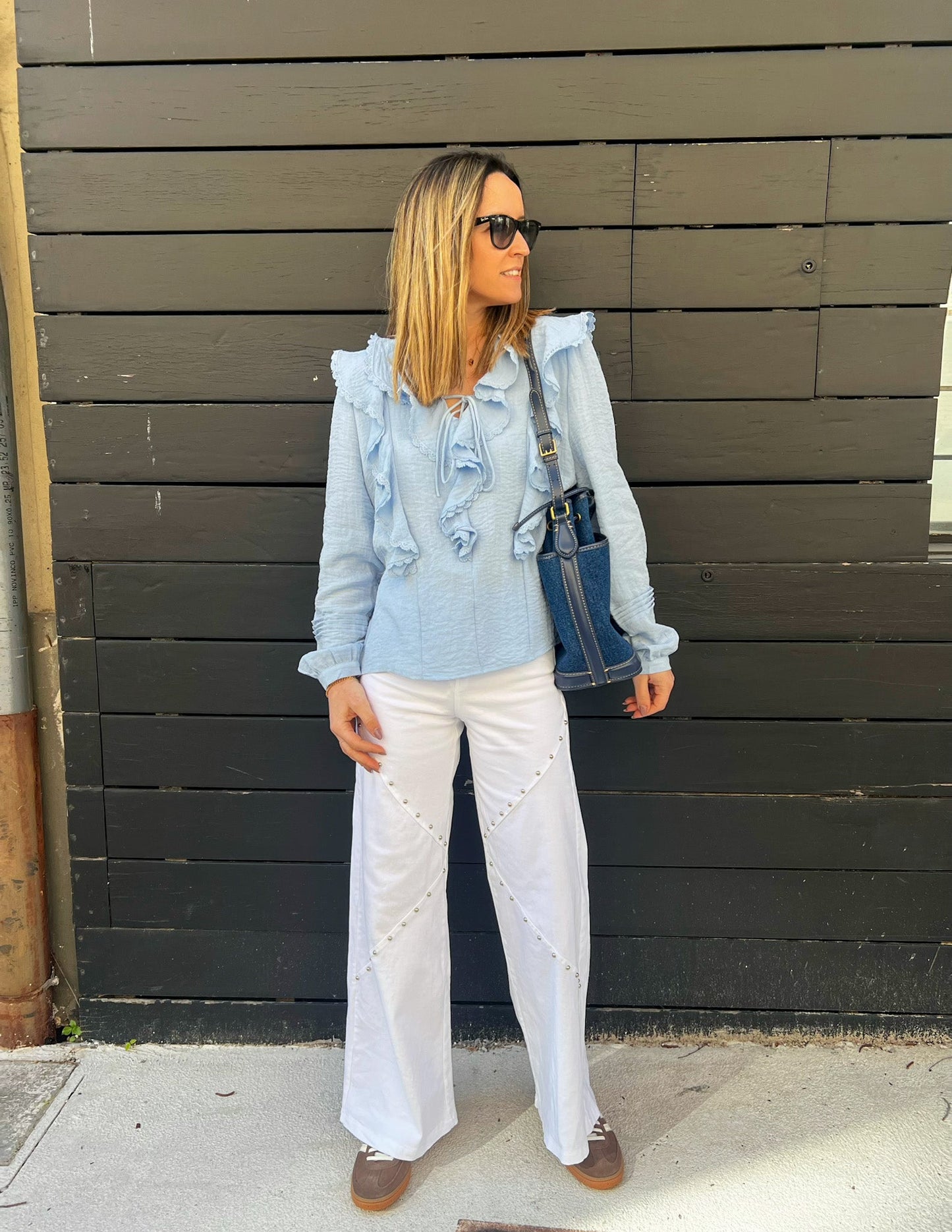 Selena blue sky ruffled blouse JOY