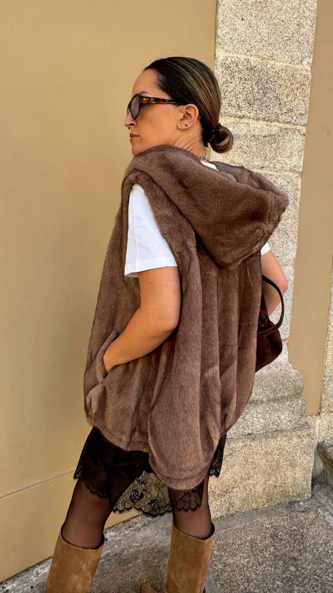 Faux fur vest in camel
