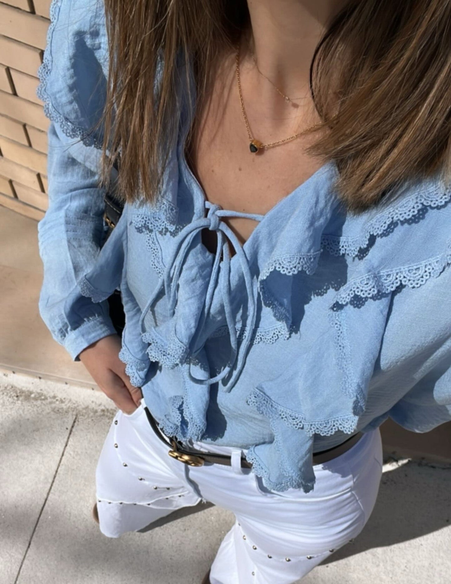 Selena blue sky ruffled blouse JOY