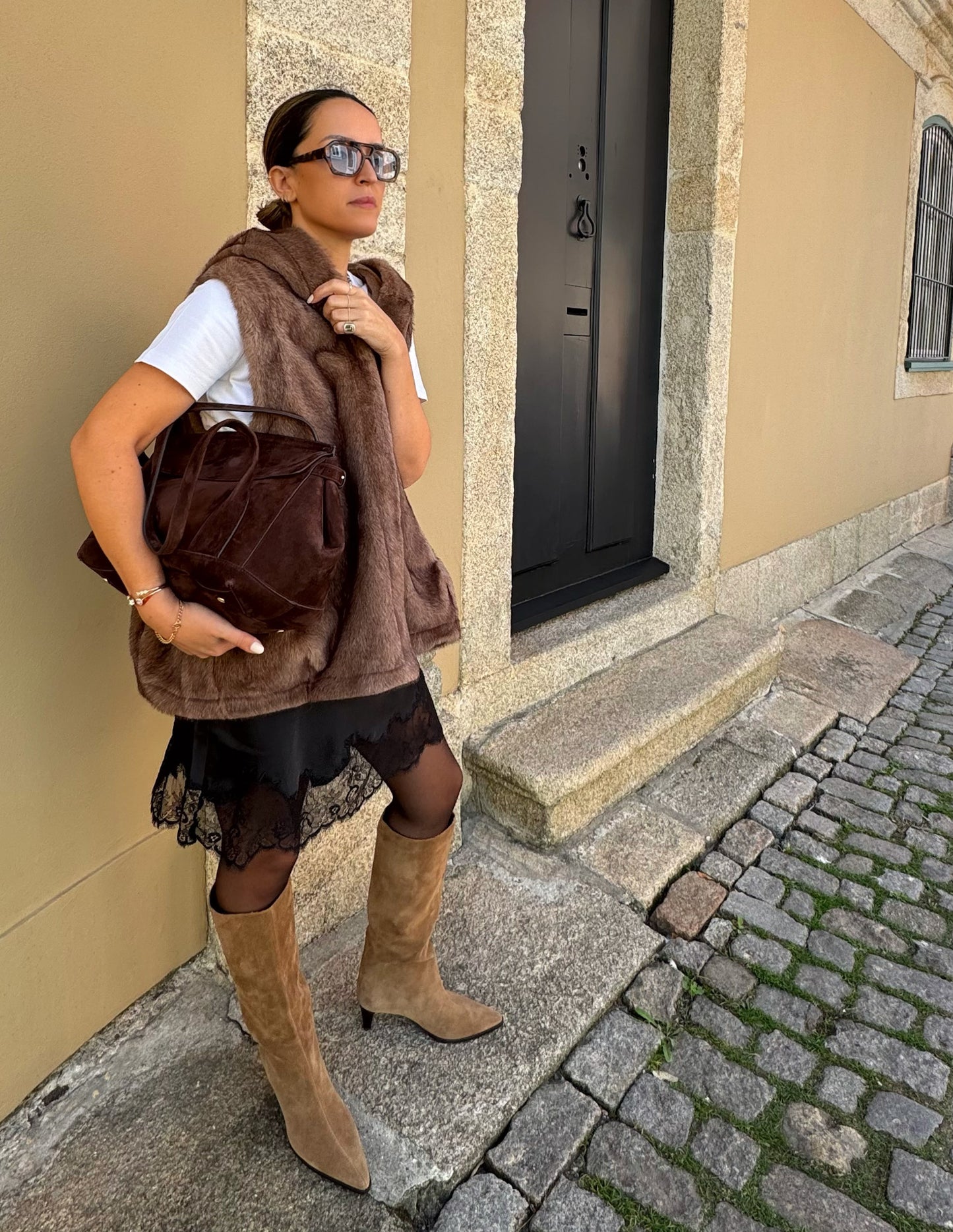 Faux fur vest in camel