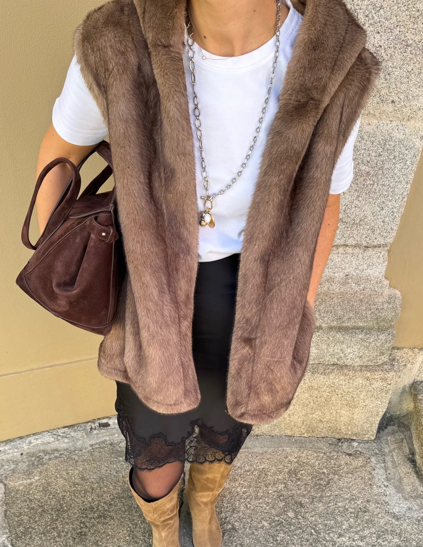 Faux fur vest in camel