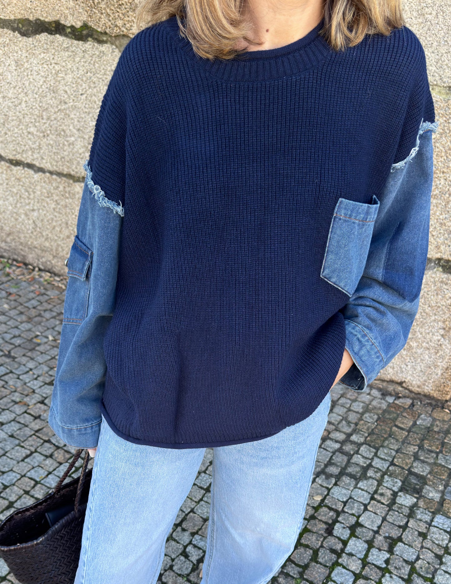 Denim and knit sweater