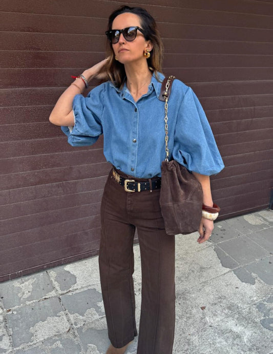 Light denim shirt with balloon sleeve