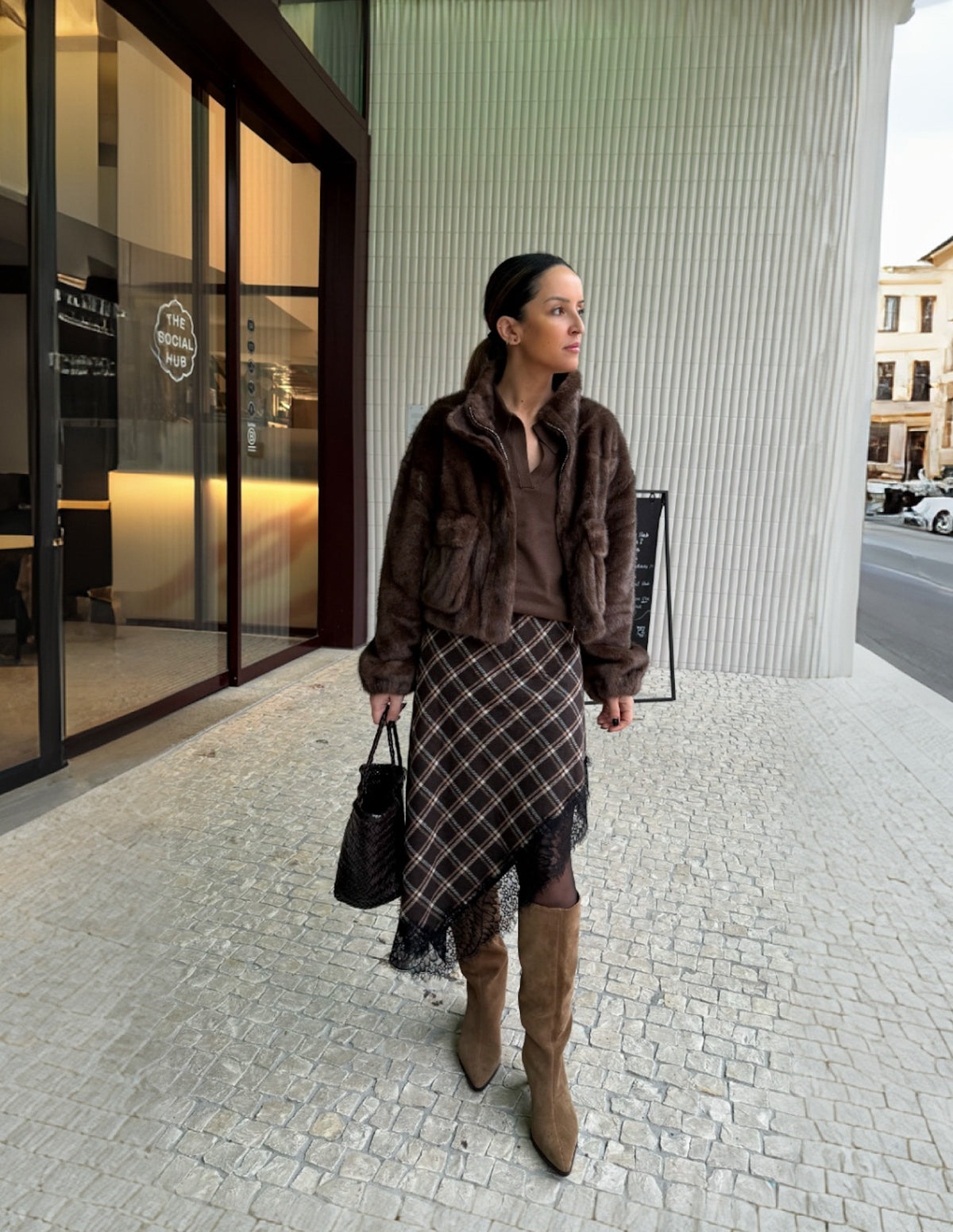 Asymmetric tartan skirt with lace