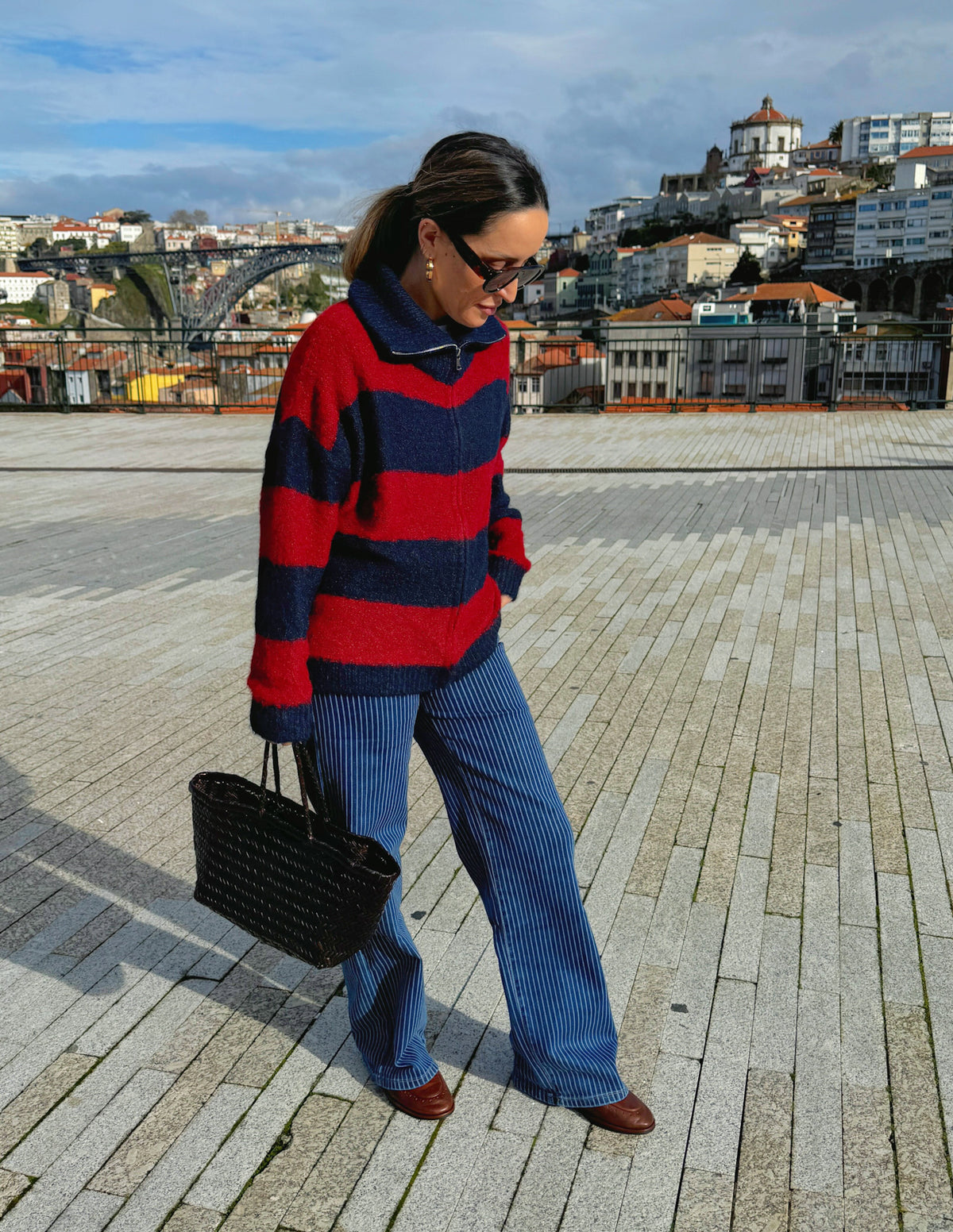 Red and navy knitted jacket