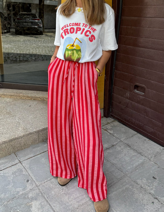 Calças de riscas vermelho/rosa