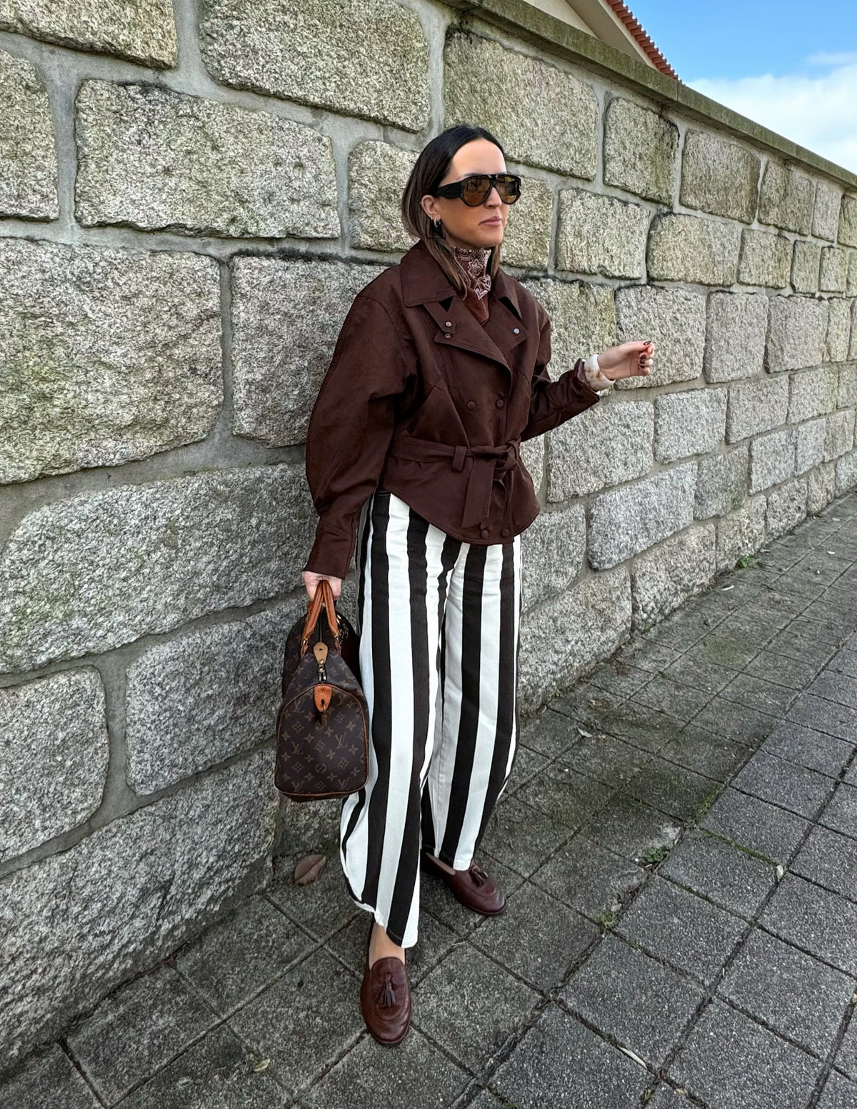 White and brown striped pants