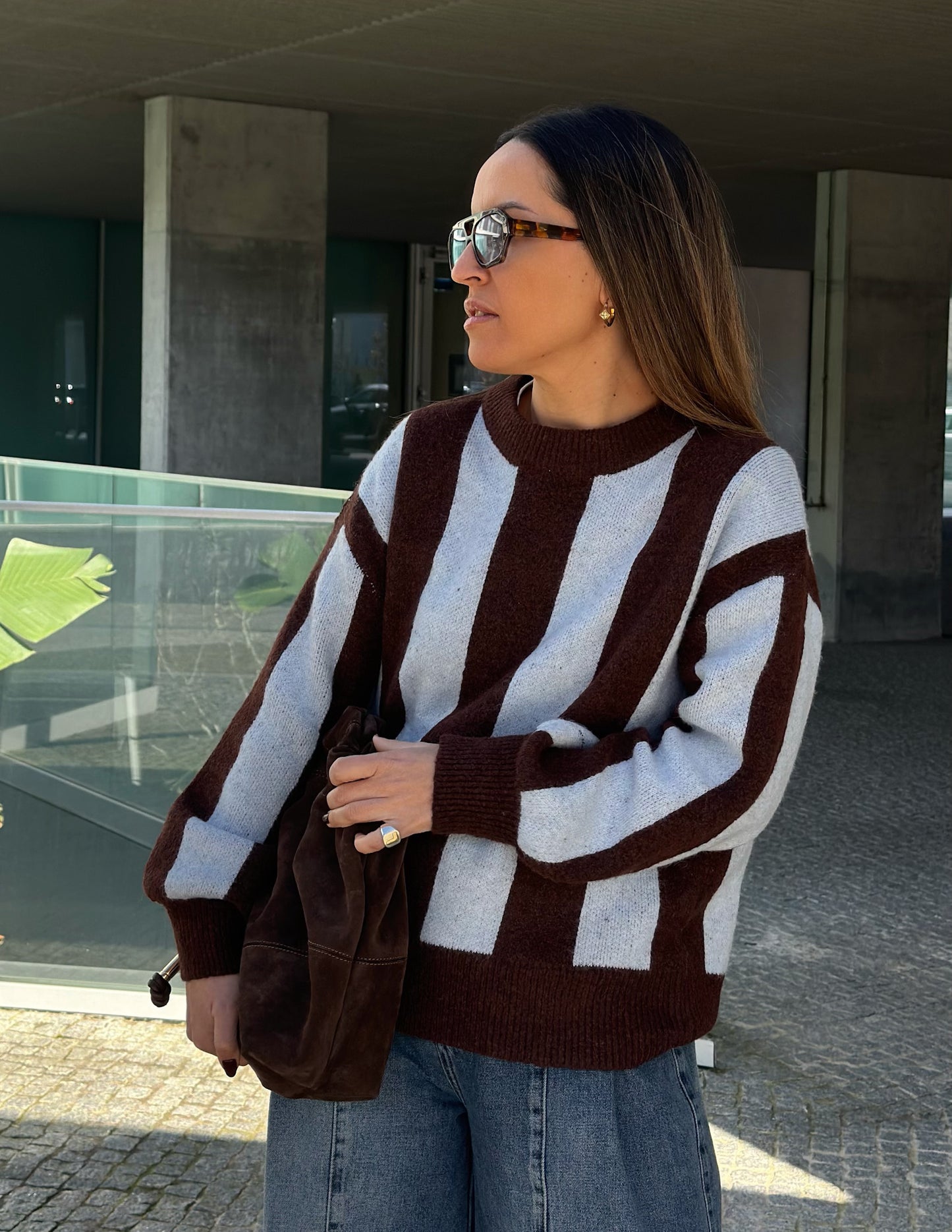 Chocolate and light blue knitted sweater