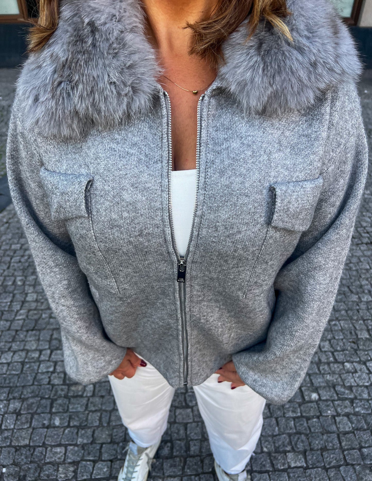 Grey jacket with fur collar JOY