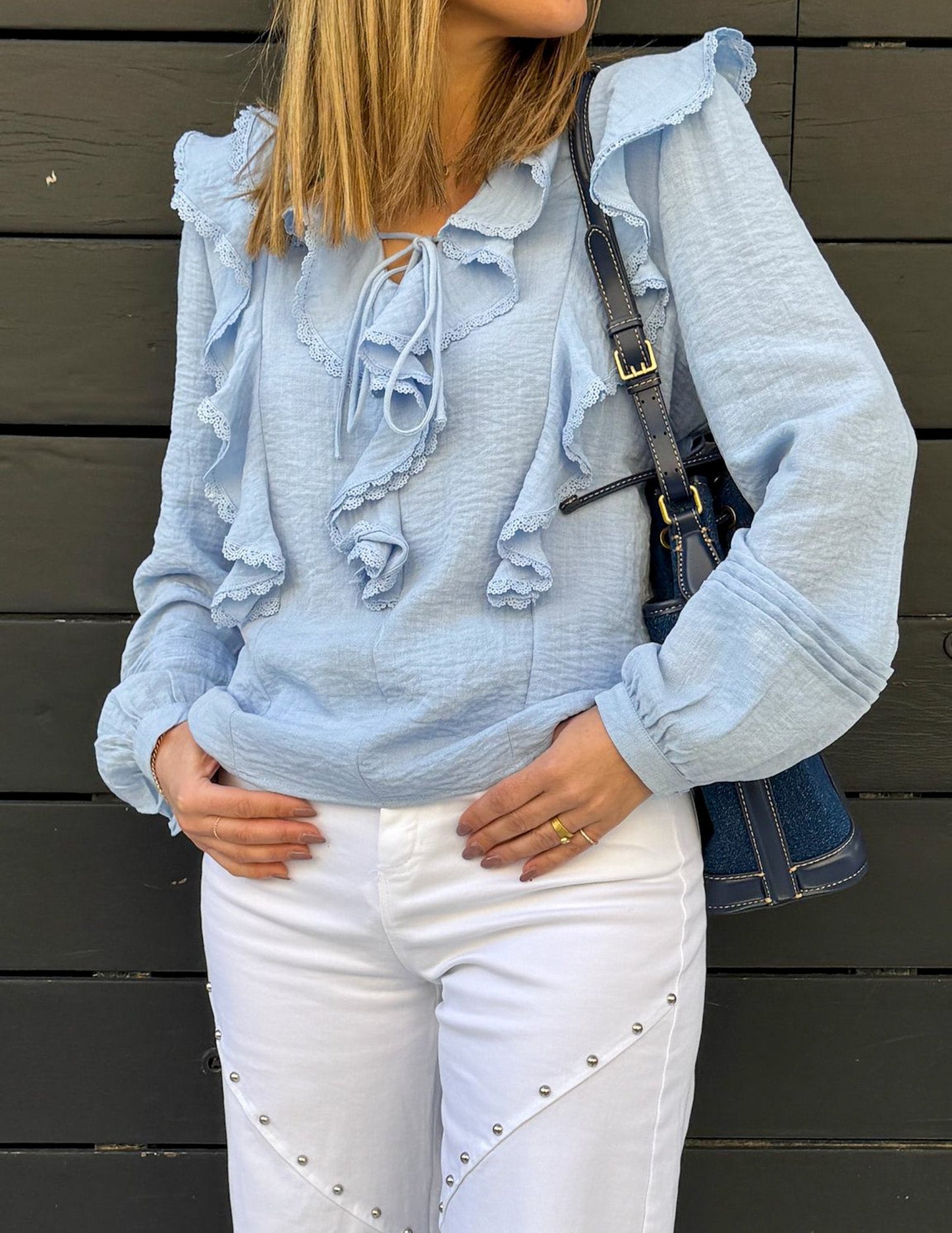 Selena blue sky ruffled blouse JOY
