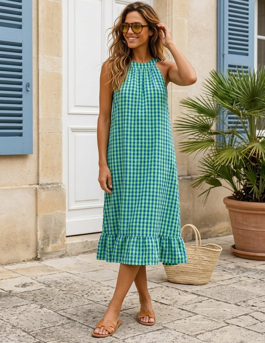 Vestido gola halter em vichy