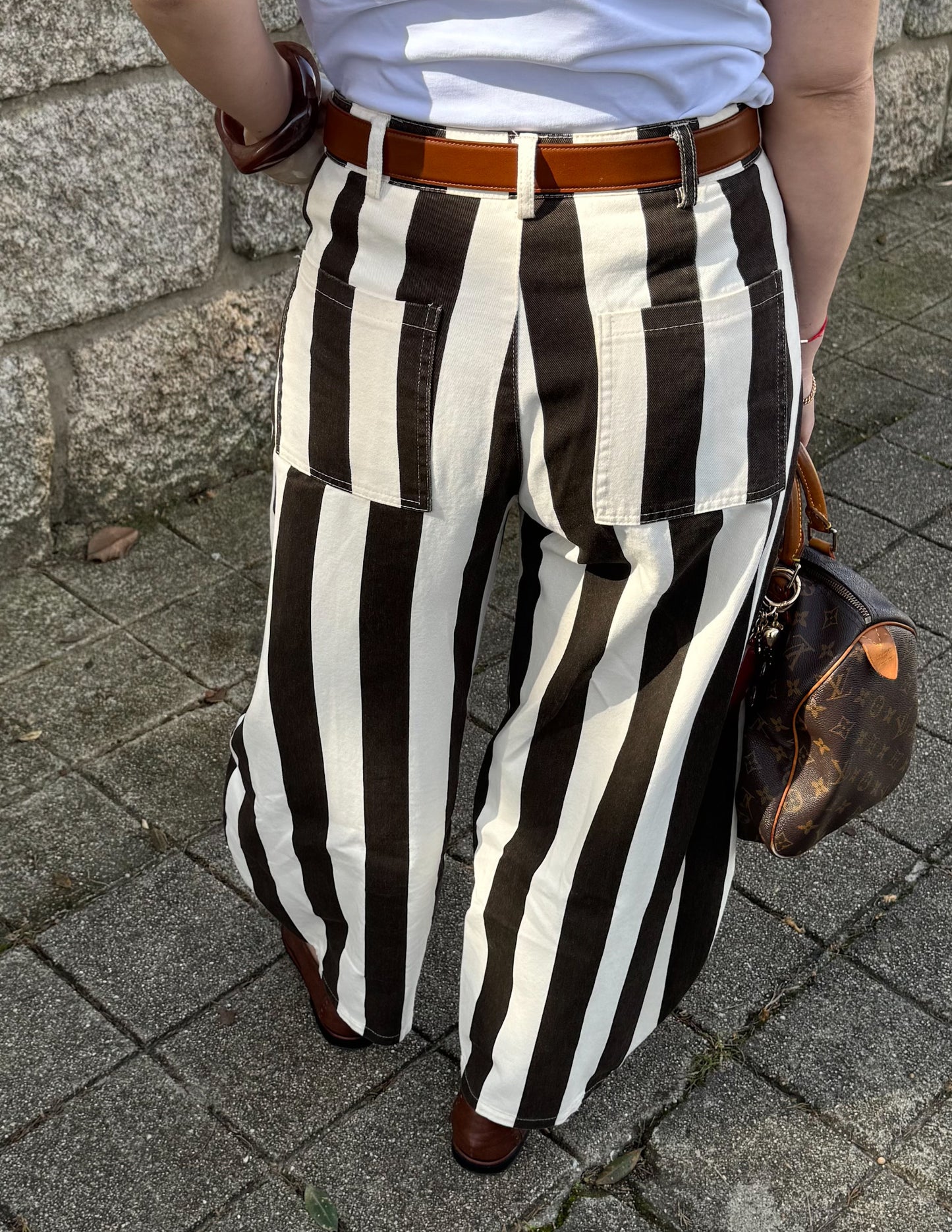 White and brown striped pants