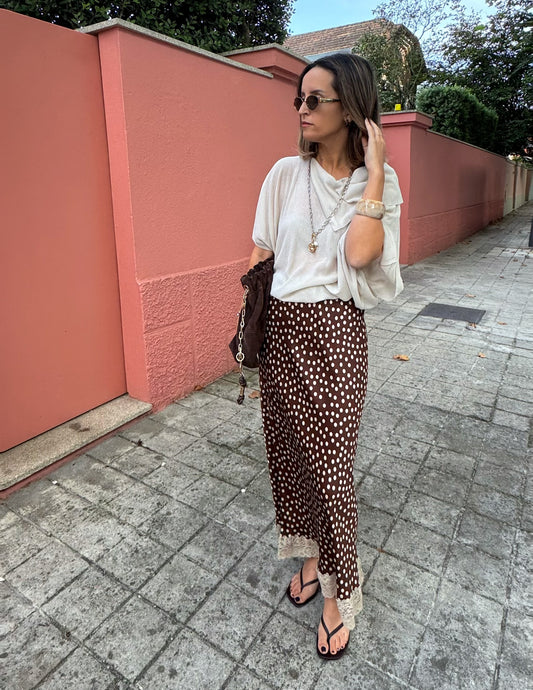 Saia polka dot castanha com renda - Envios a 19/09