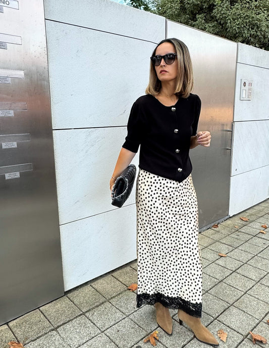 Saia polka dot bege com renda