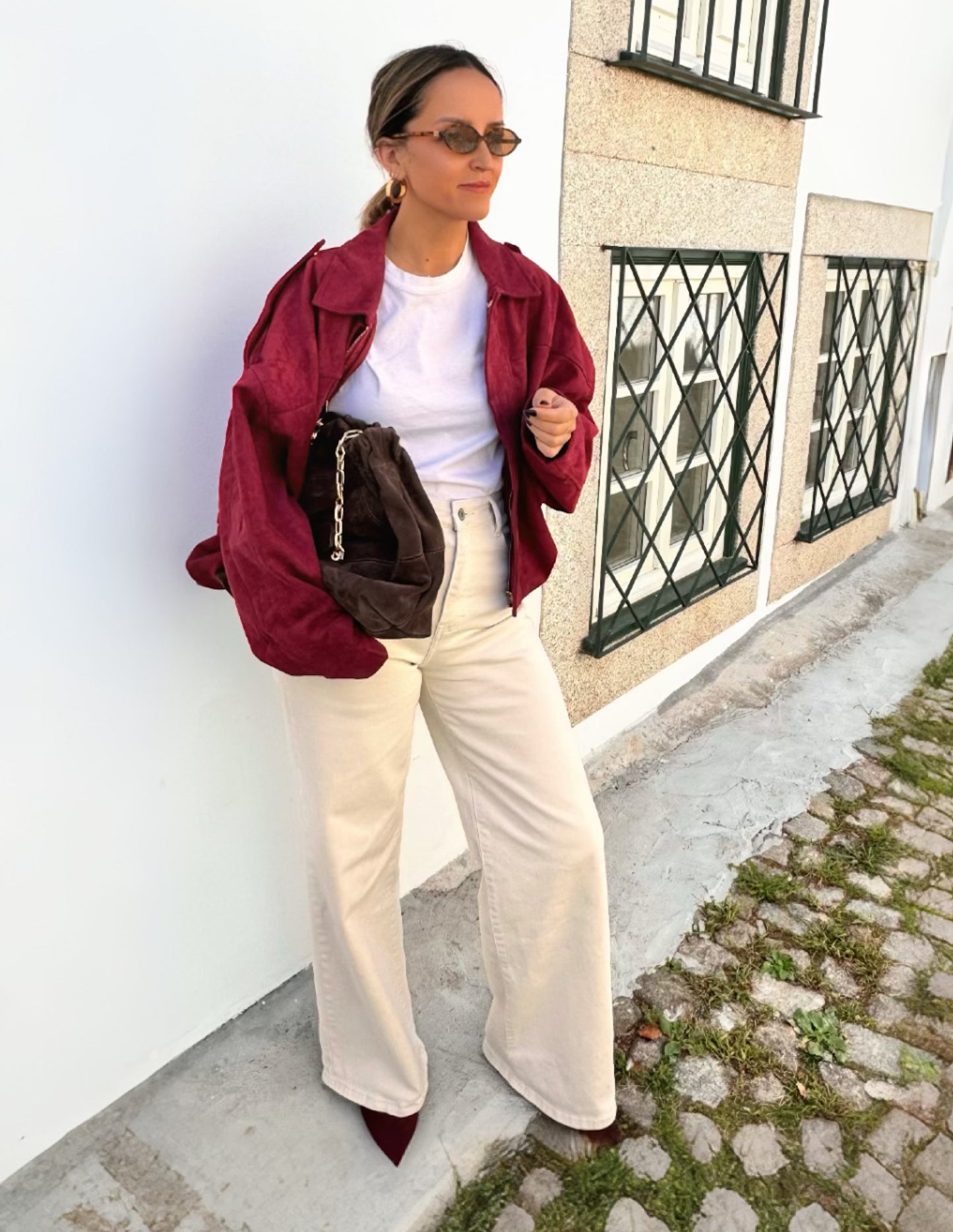 Suede bomber em burgundy