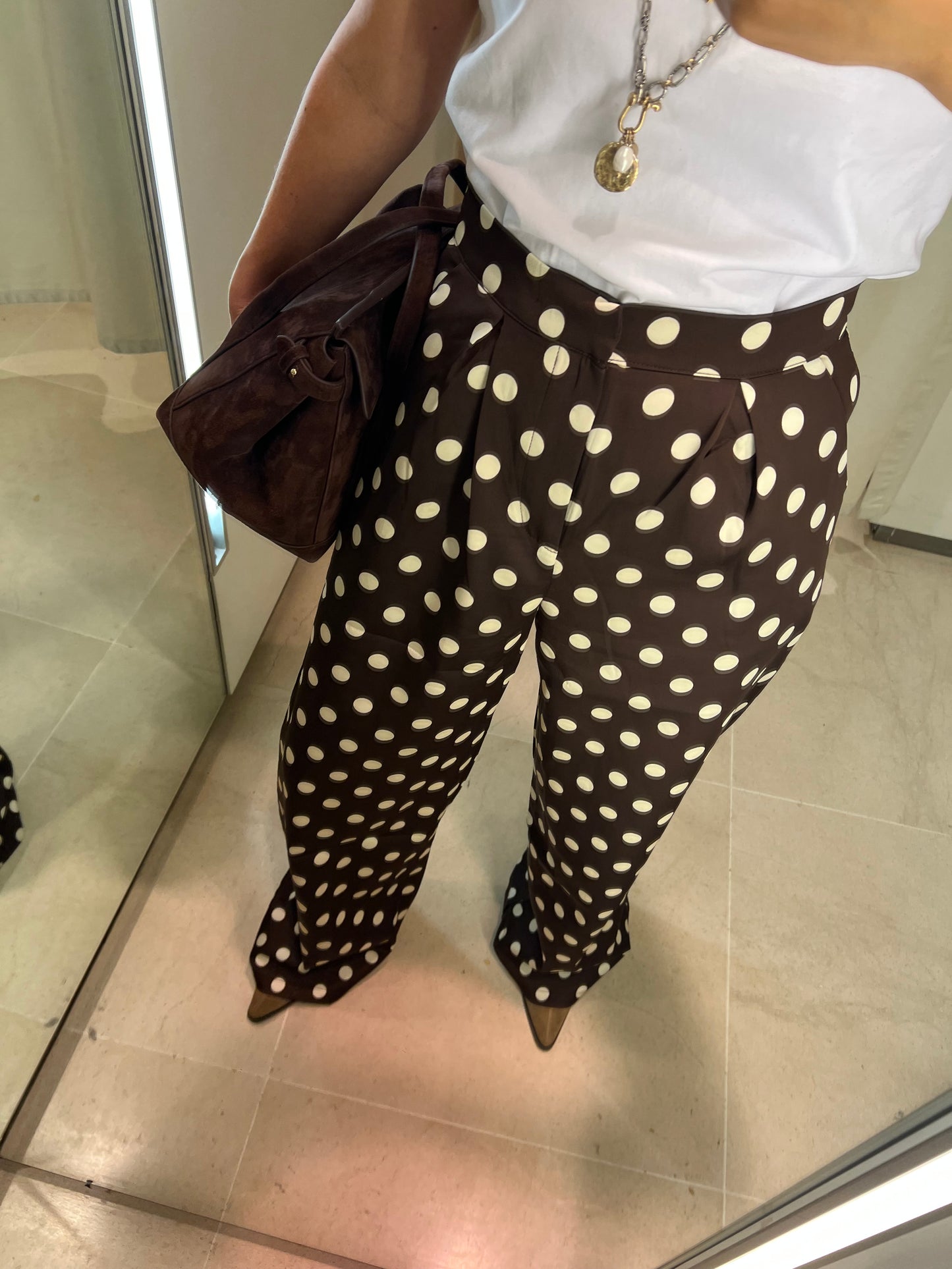 Polka dot satin chocolate trousers