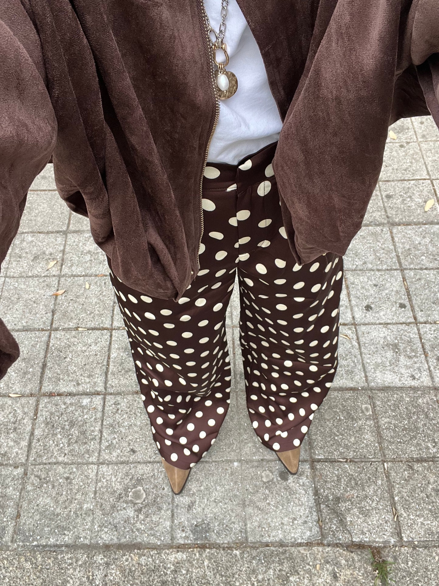 Polka dot satin chocolate trousers