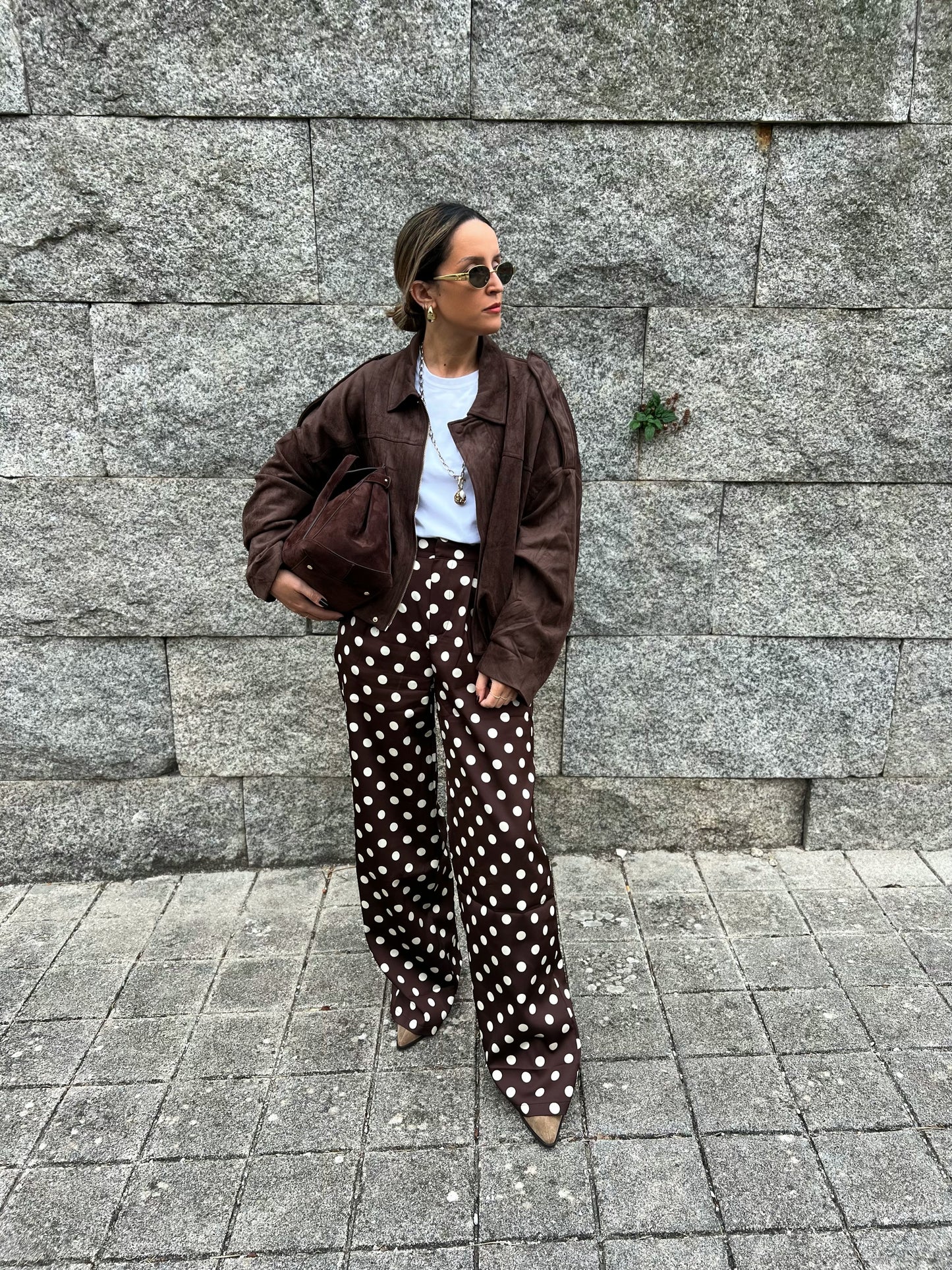 Polka dot satin chocolate trousers