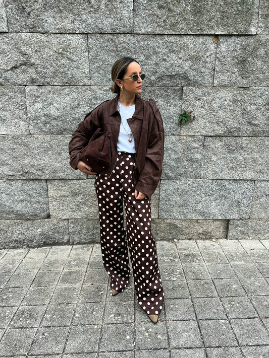 Polka dot satin chocolate trousers