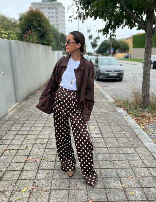Polka dot satin chocolate trousers