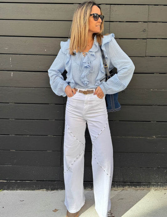 Selena blue sky ruffled blouse JOY