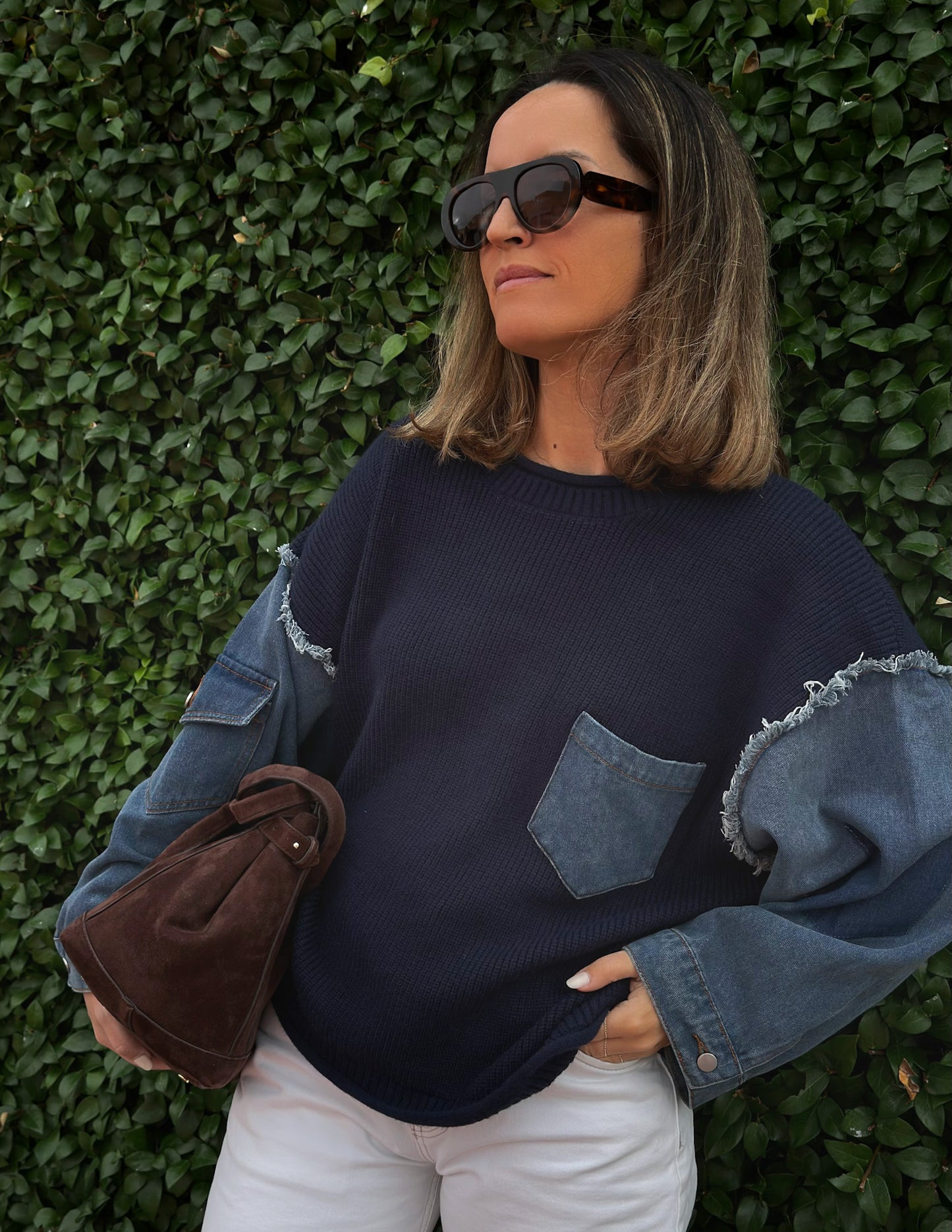 Denim and knit sweater