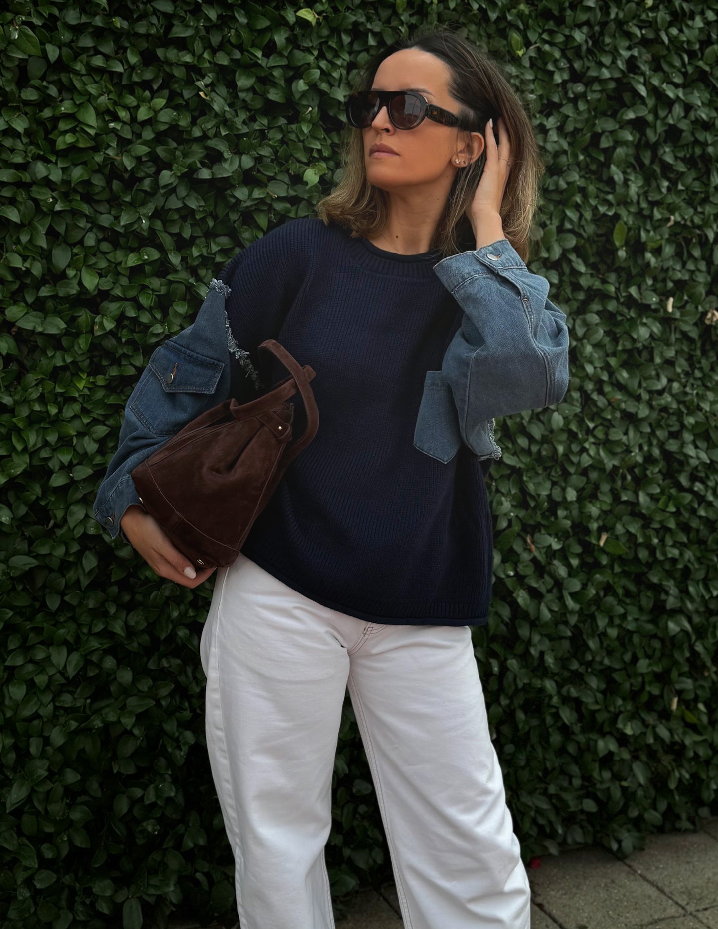 Denim and knit sweater