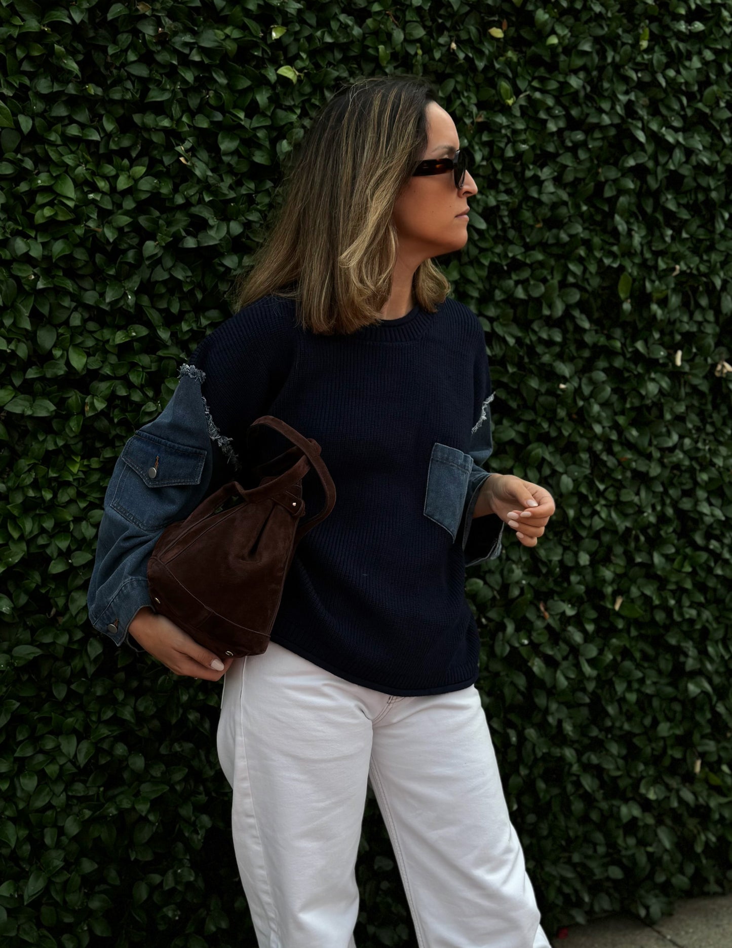 Denim and knit sweater