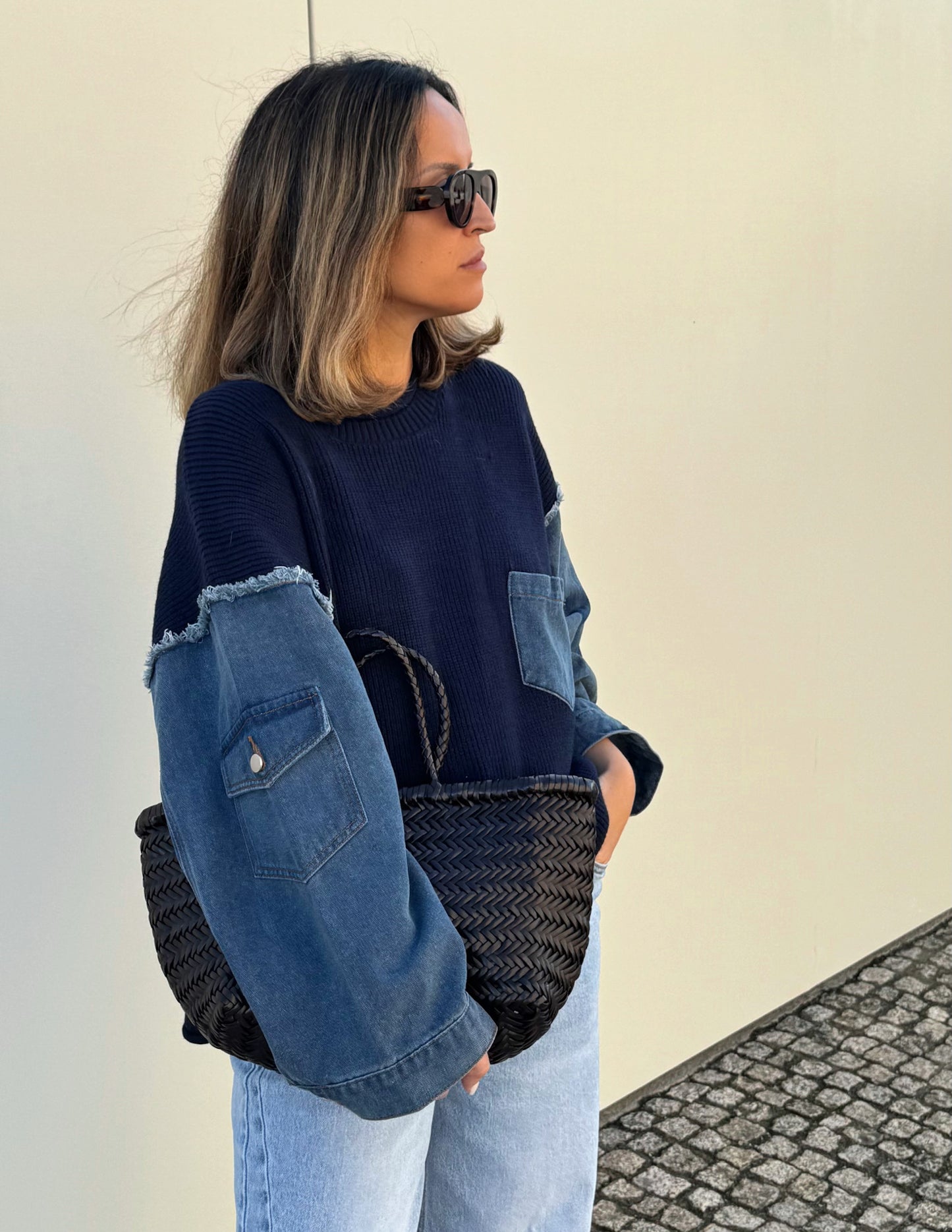 Denim and knit sweater
