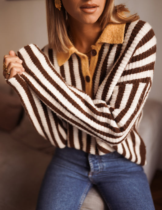 Knitted striped polo with mustard collar