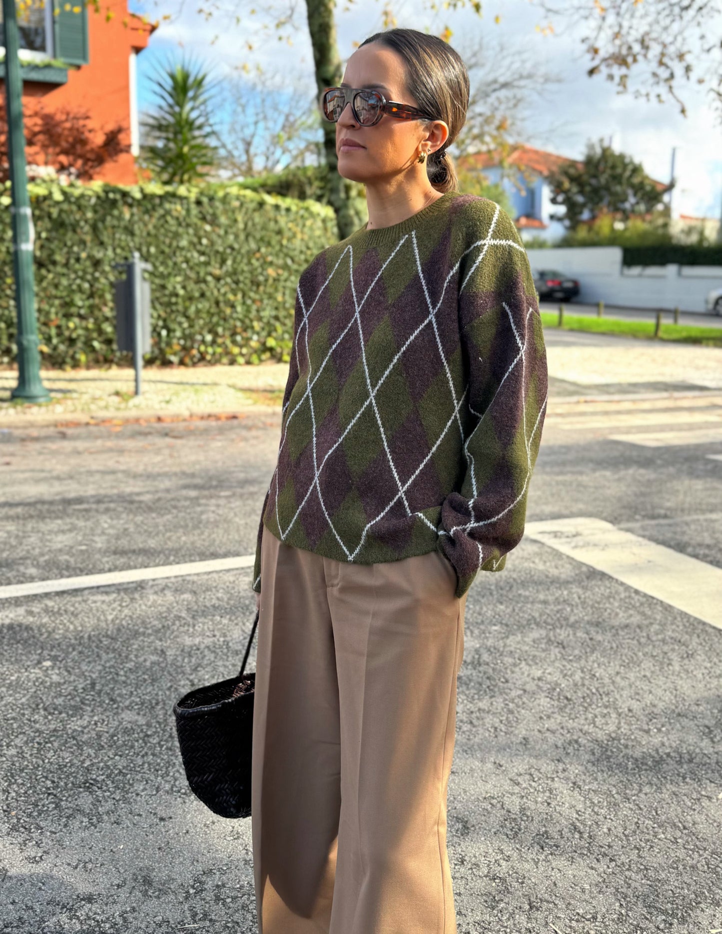 Green and brown diamond pattern sweater