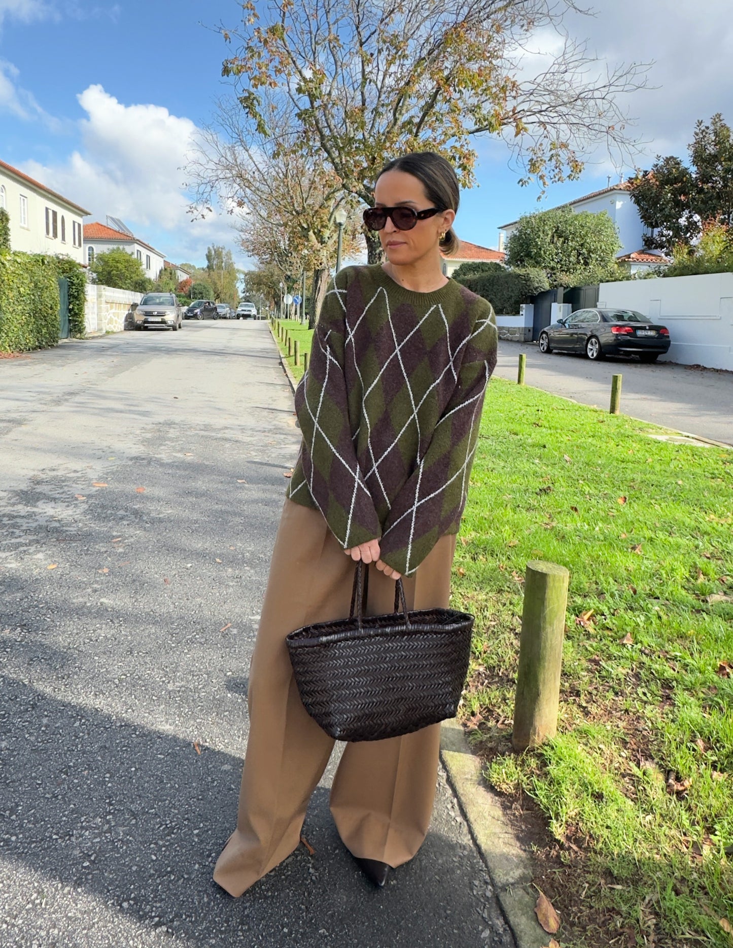 Green and brown diamond pattern sweater